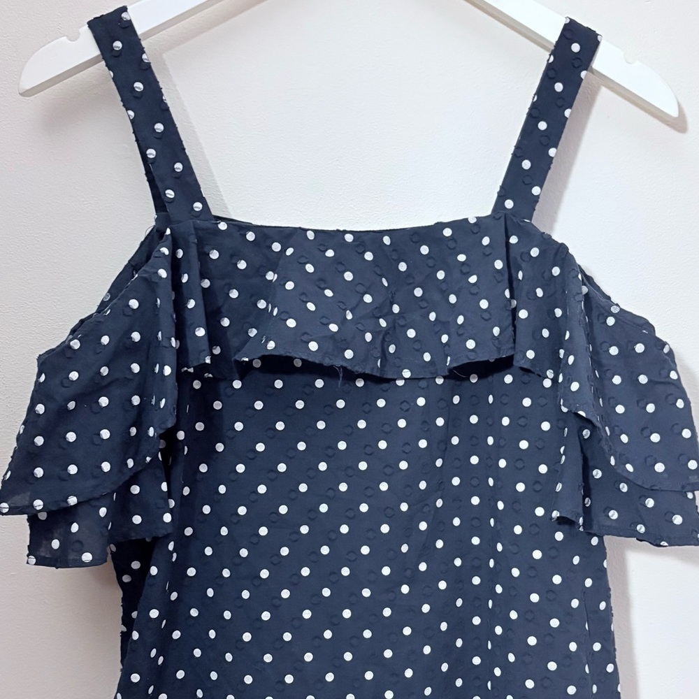 J. Crew Navy Dot Ruffled Off-Shoulder Top - Picture 4 of 8